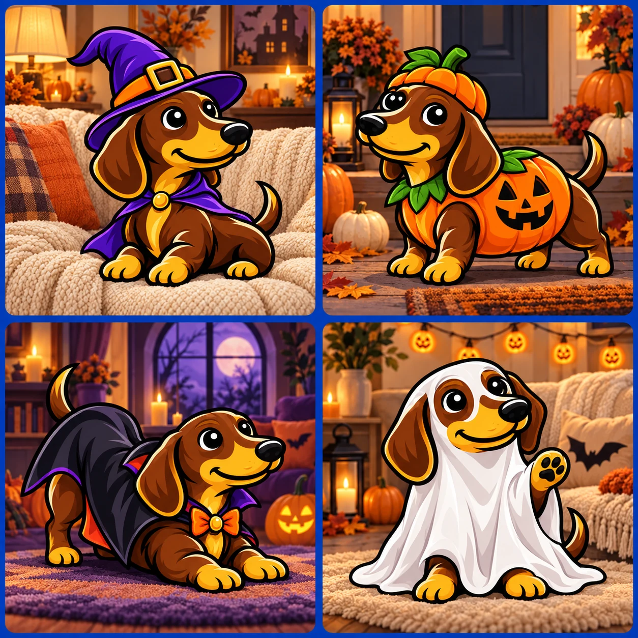 Four illustrated dachshunds dressed for Halloween